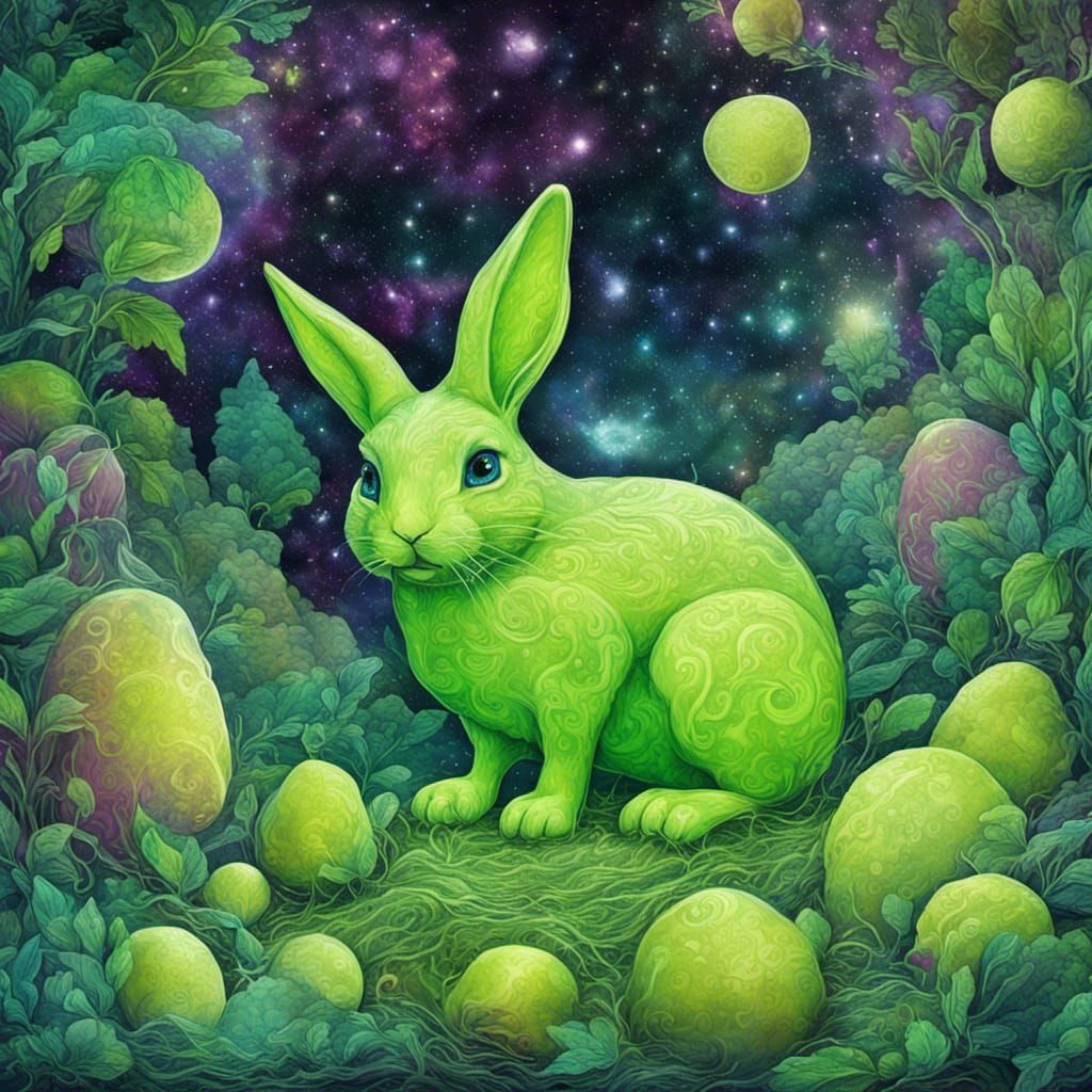Lime Green Bunny in Enchanted Forest, Astral Illustration