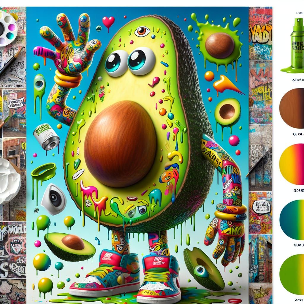 Cartoon Avocado Character in Graffiti Street Art Style