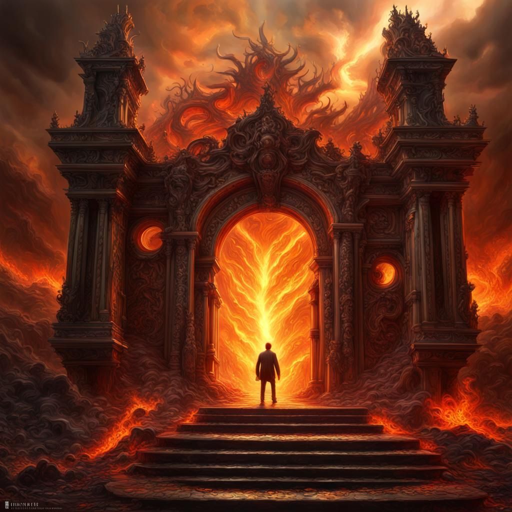 The entrance to Hell Hyperrealistic, splash art, concept art, mid shot, intricately detailed, color depth, dramatic, 2/3...