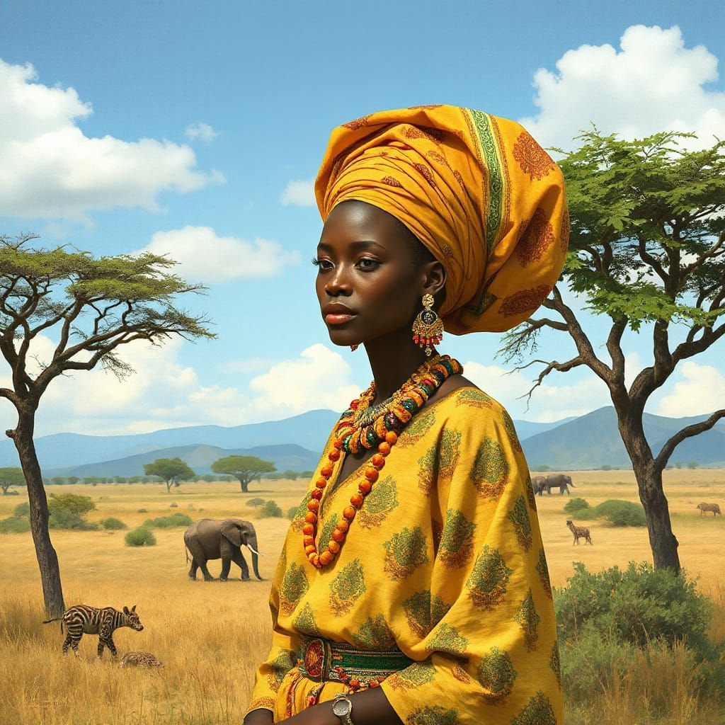 African Princess in Traditional Dress on the Savannah