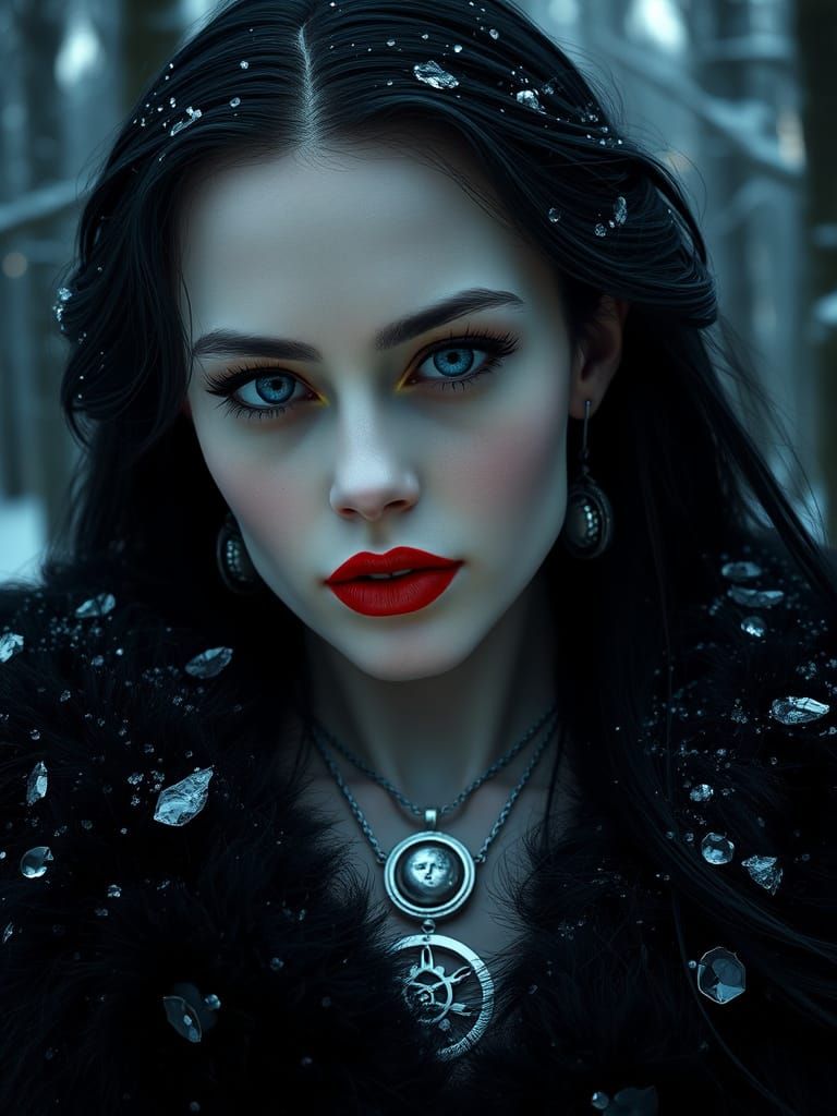 Vampire Queen in Snowy Forest at Twilight