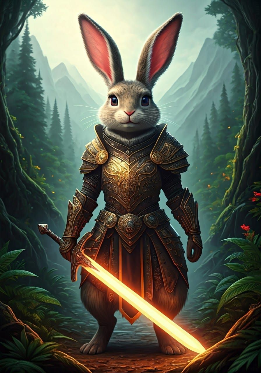 Heroic Bunny Warrior in Fantasy Landscape, 3D Render