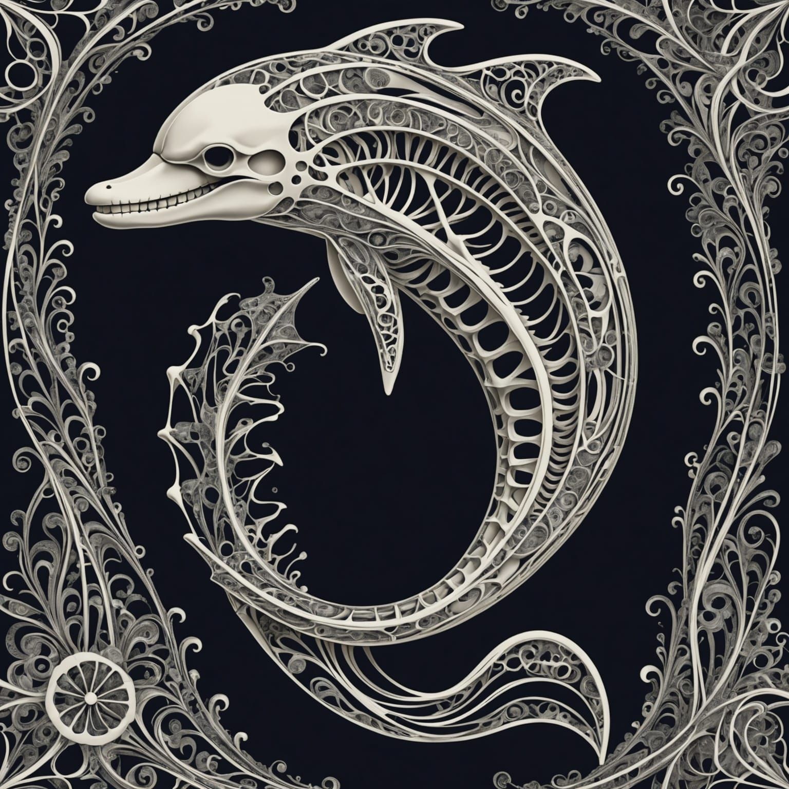 Unique Dolphin Skeleton with Abstract Fractal Design