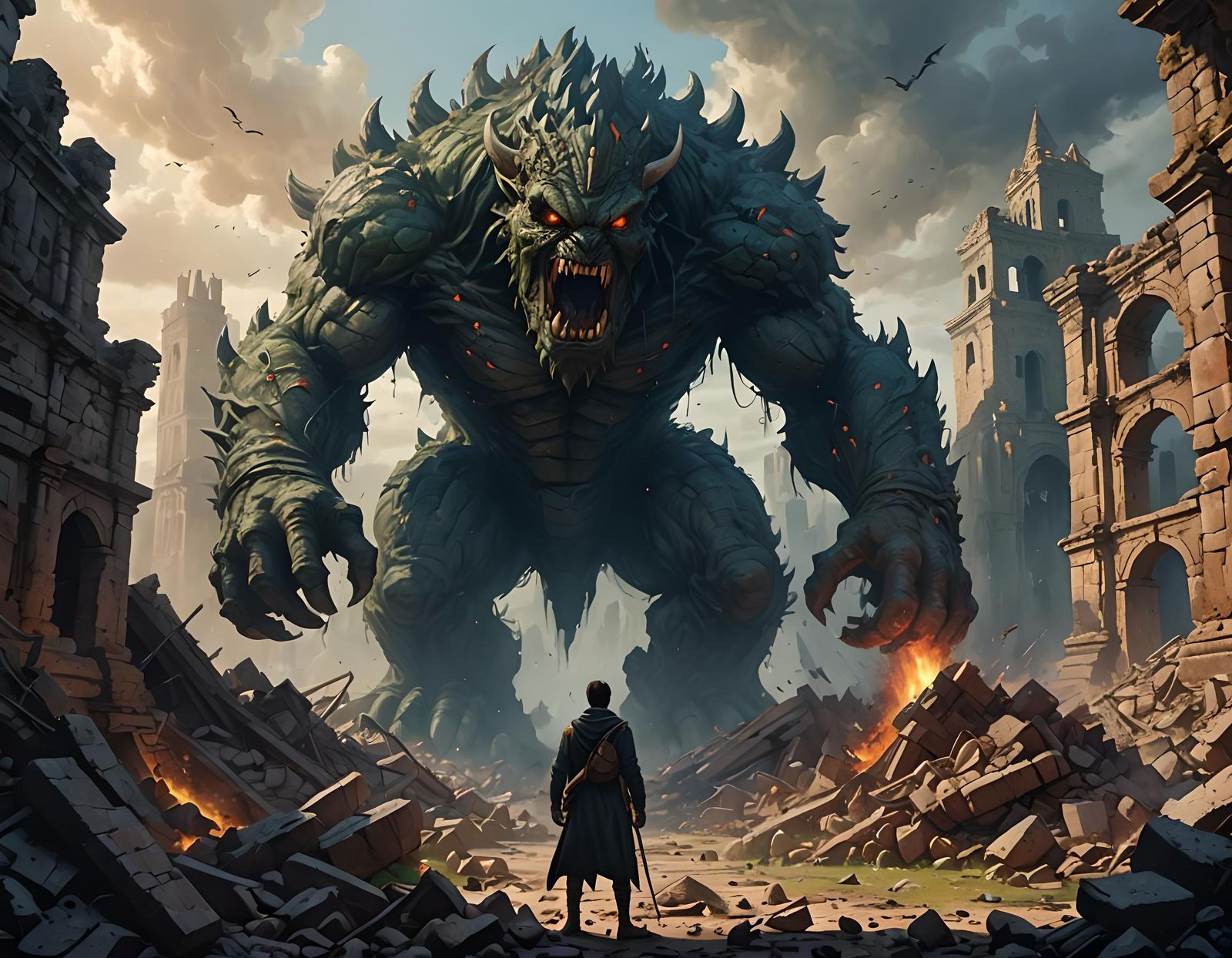 Person Confronts Monster in Ruined City