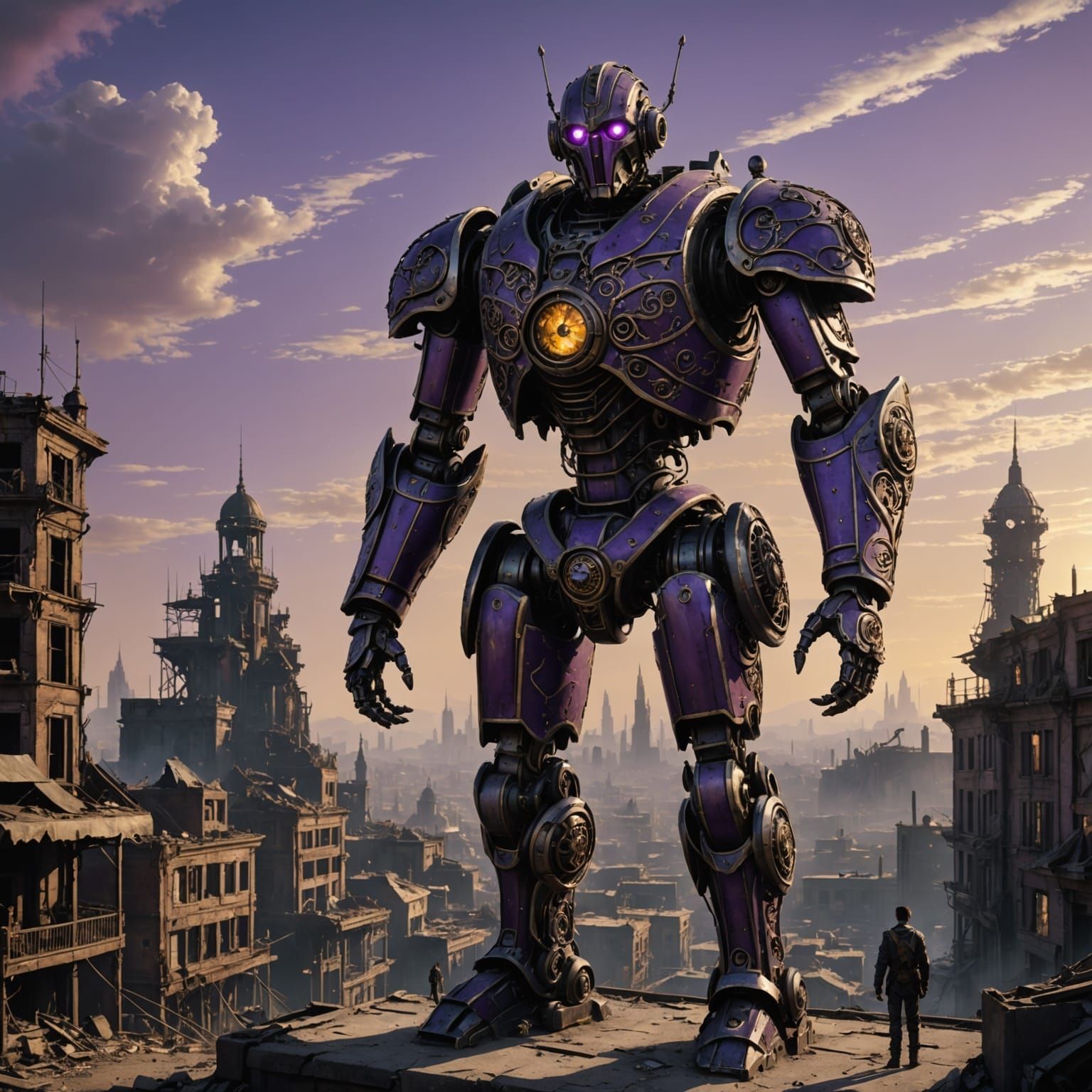 Automaton Guarding Post-Apocalyptic Cityscape in Art Nouveau...