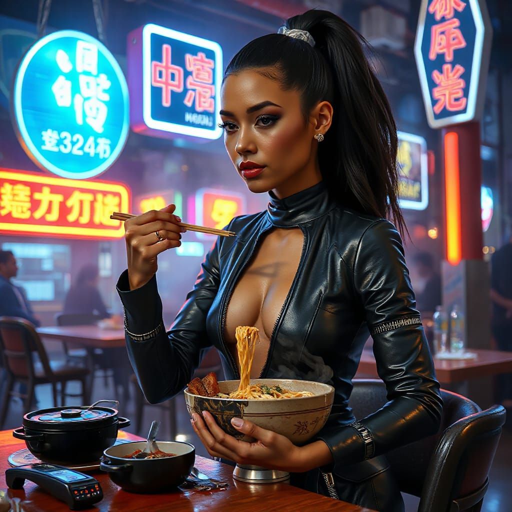 Cyberpunk Latina Noodle Bar Scene