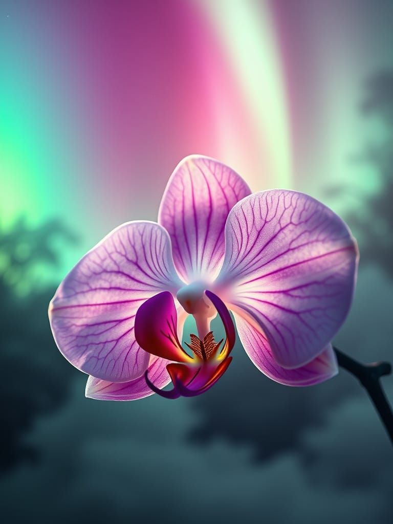 Aurora Borealis Illuminates Neon Orchid in Smoggy Atmosphere