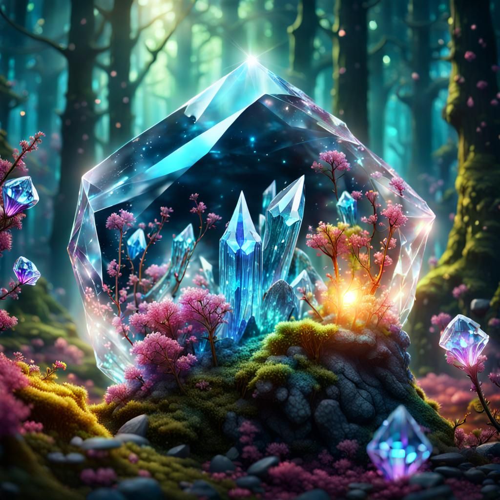 Sparkling Crystal in Bioluminescent Forest: Fantasy Art
