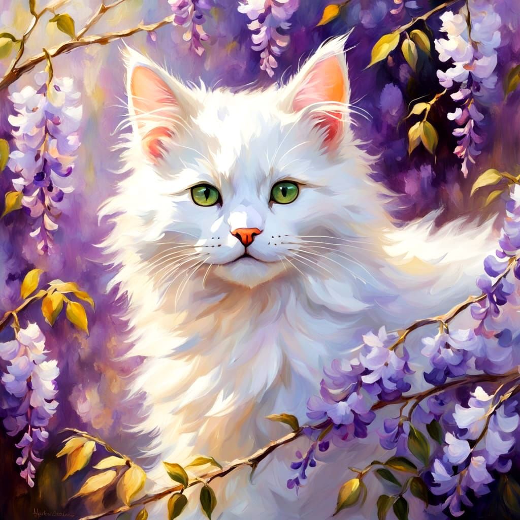 Fluffy White Kitten in Wisteria Flowers as Impasto Painting