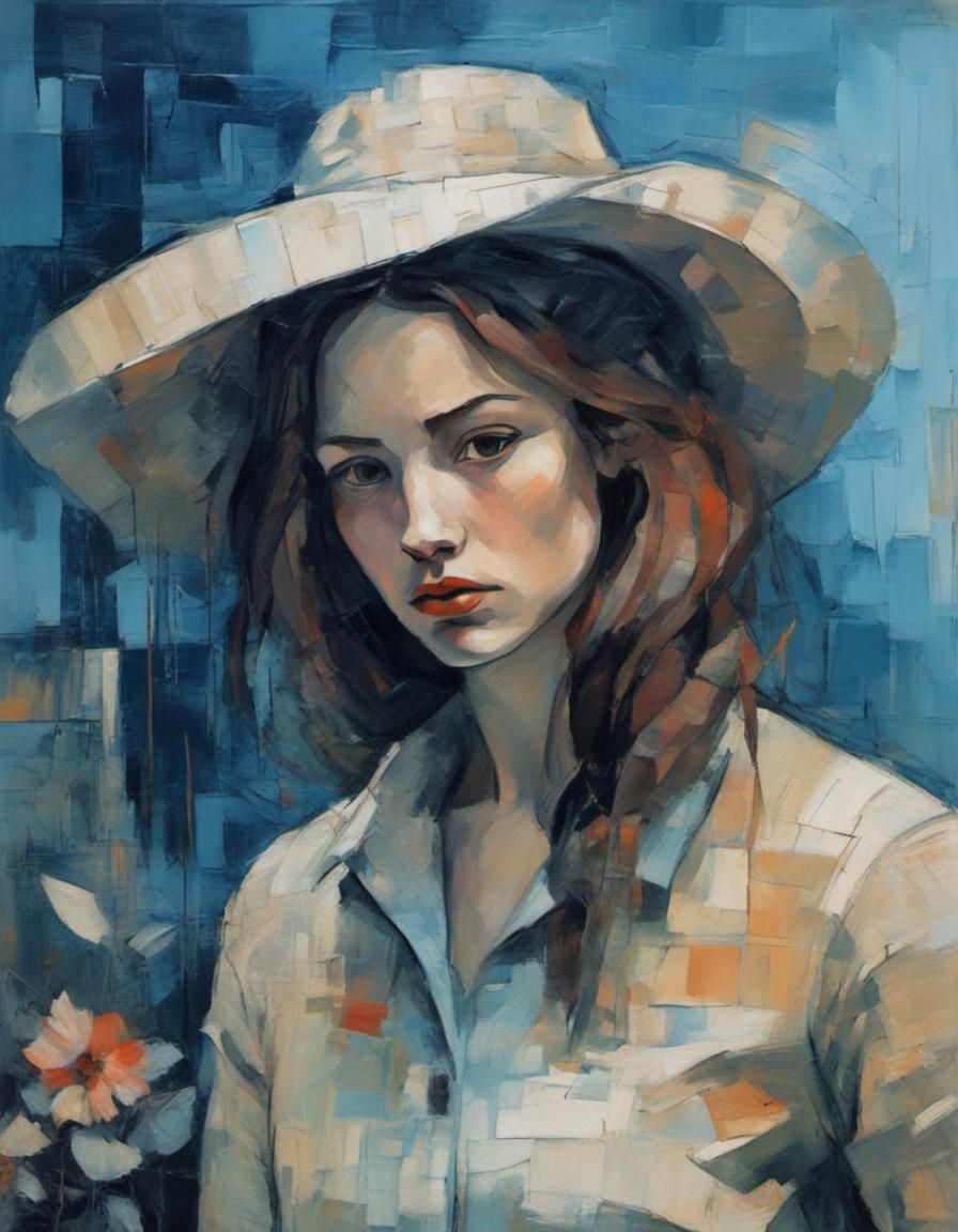 Melancholic Female Portrait in Cubist Style