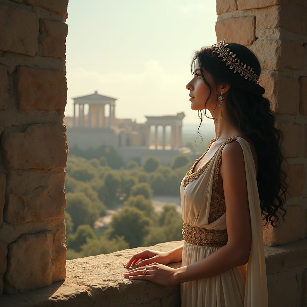 Elegant Grecian Woman Contemplates the Horizon