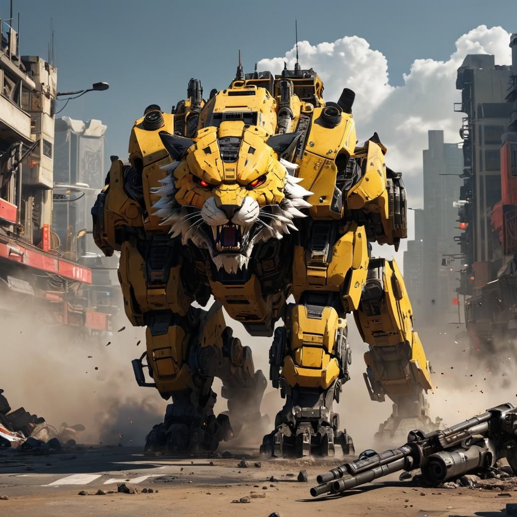 Mechanical Sabertooth Tiger Mech in Ruined City