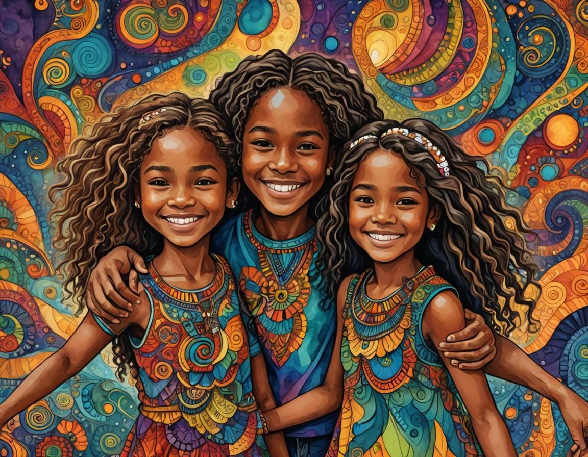 Joyful Siblings Embrace: Watercolor and Alcohol Ink Portrait