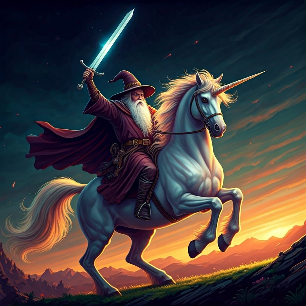 Wizard Rides Unicorn with Sword in Fantasy Scene