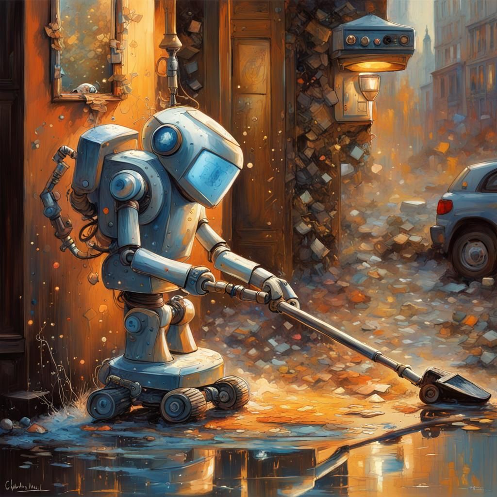 Joyful Robot Vacuuming: Whimsical Graffiti Art