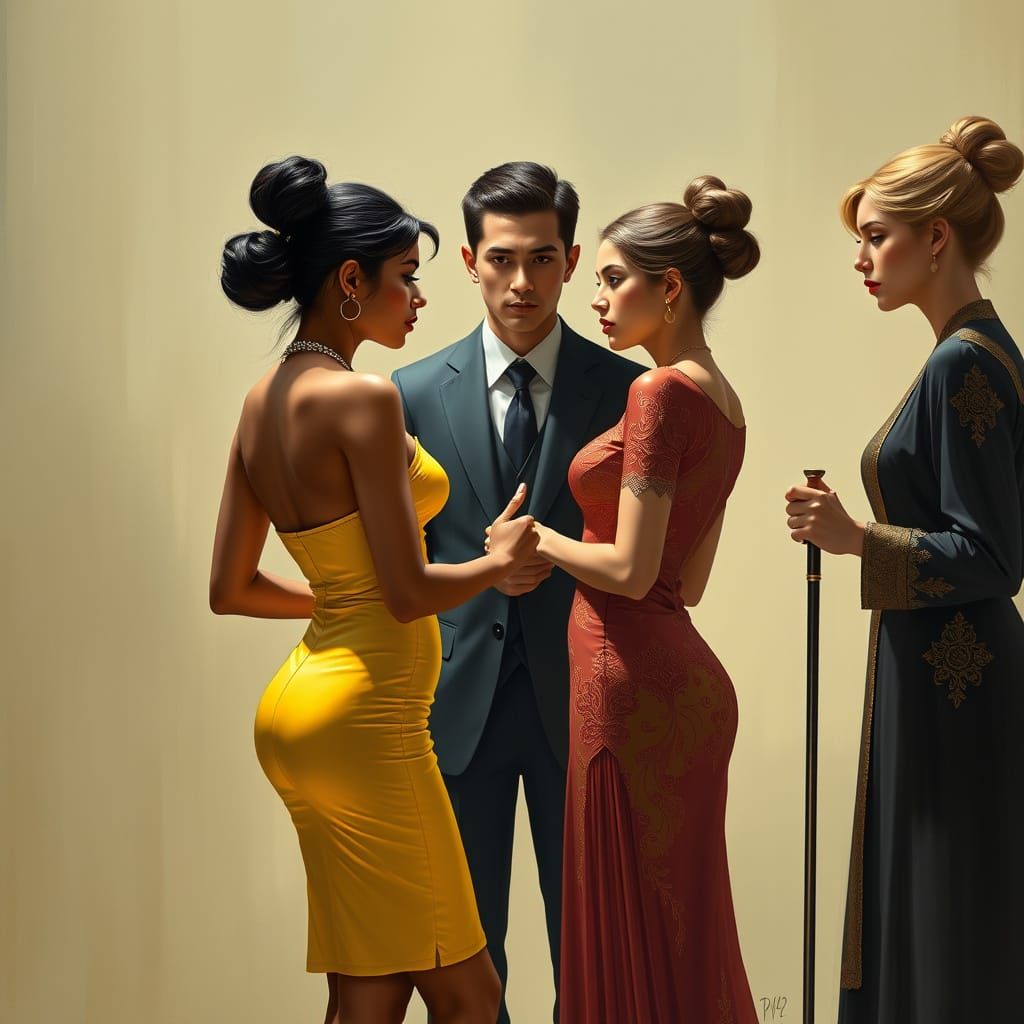 Art Nouveau Scene: Women in Yellow Skirts with Canes