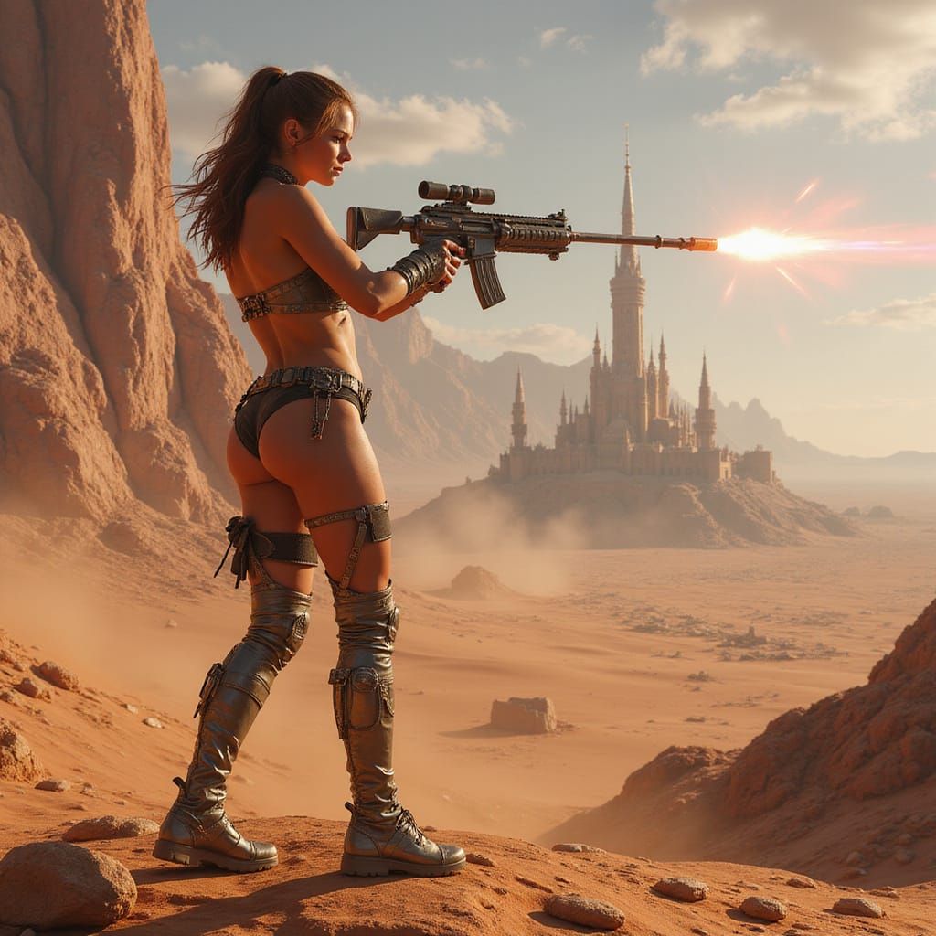 Epic Space Princess Battles on a Desert Planet in a Cyberpun...