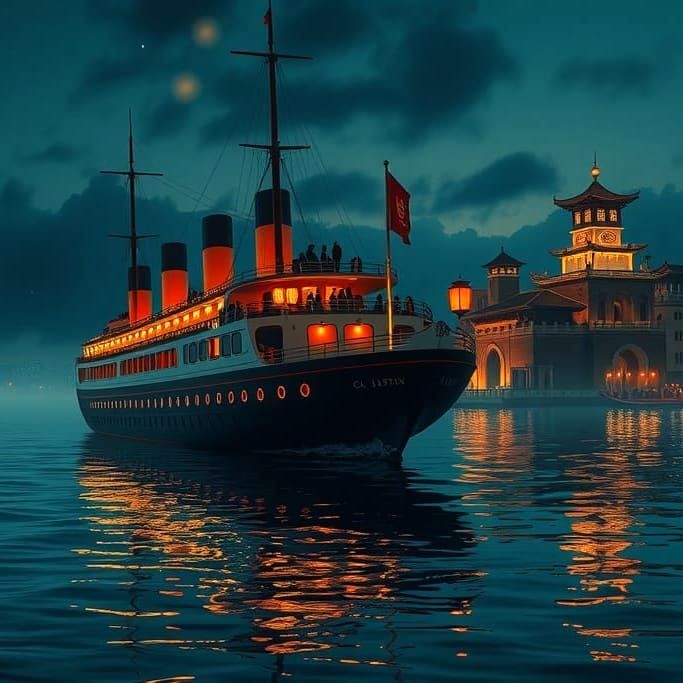 Luxury Ocean Liner Navigates Historic Asian City at Night