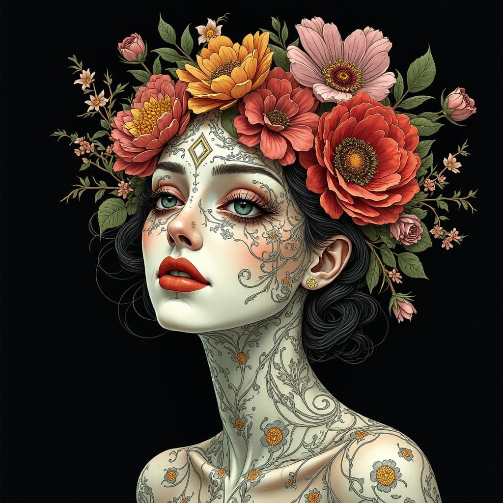 Surreal Woman Portrait with Floral Optical Illusion