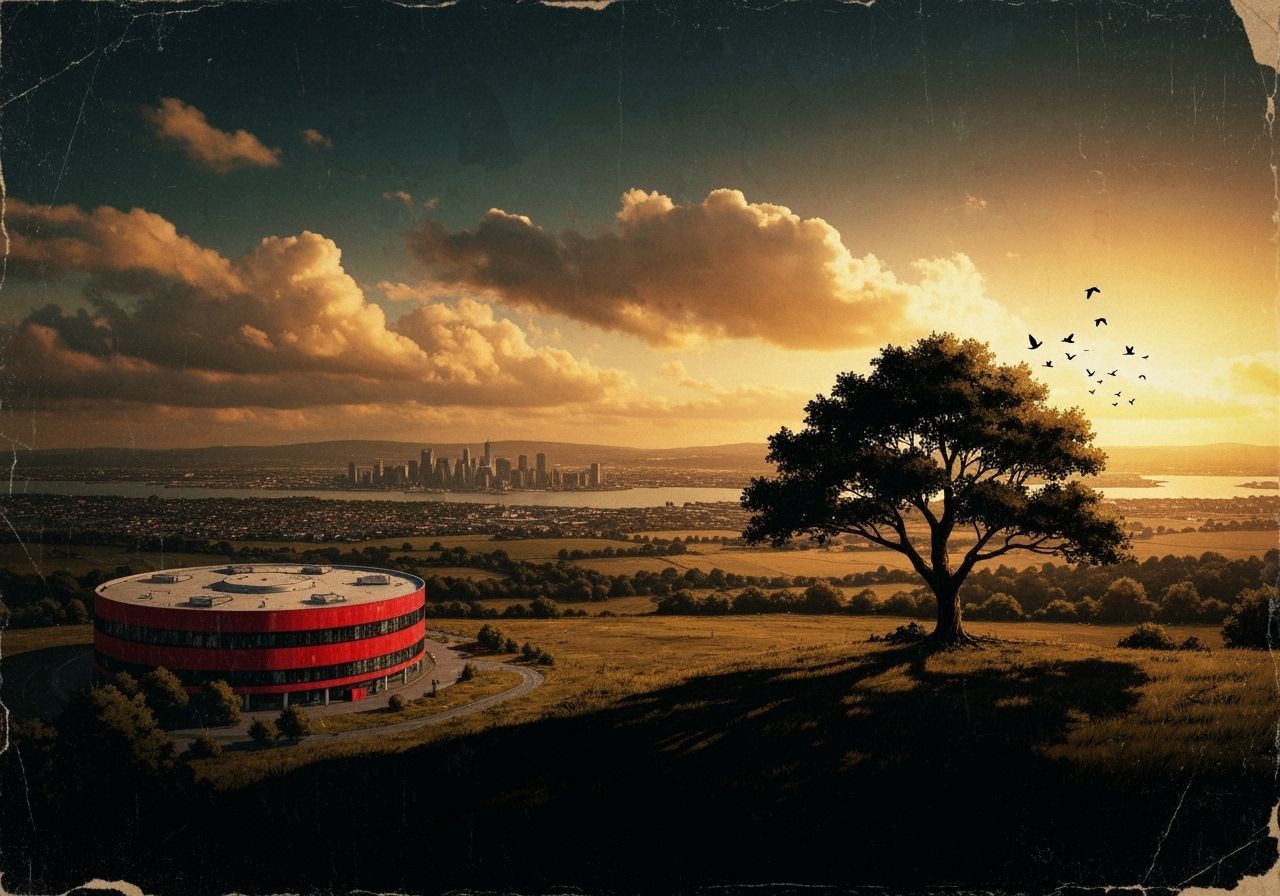 Red Circular Data Centre in Gritty Comic Art Style