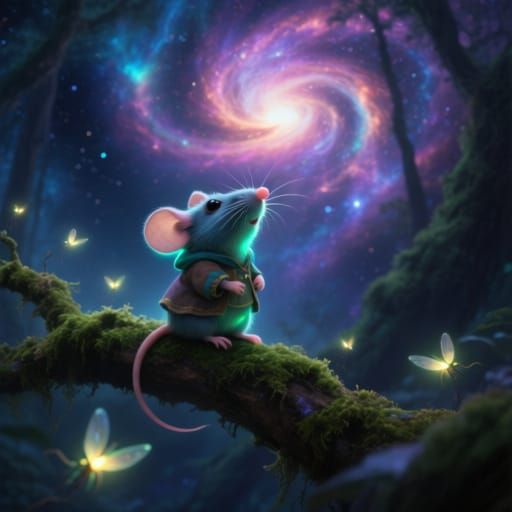 Bioluminescent Chibi Mouse Gazing at Nebula in Cosmic Forest