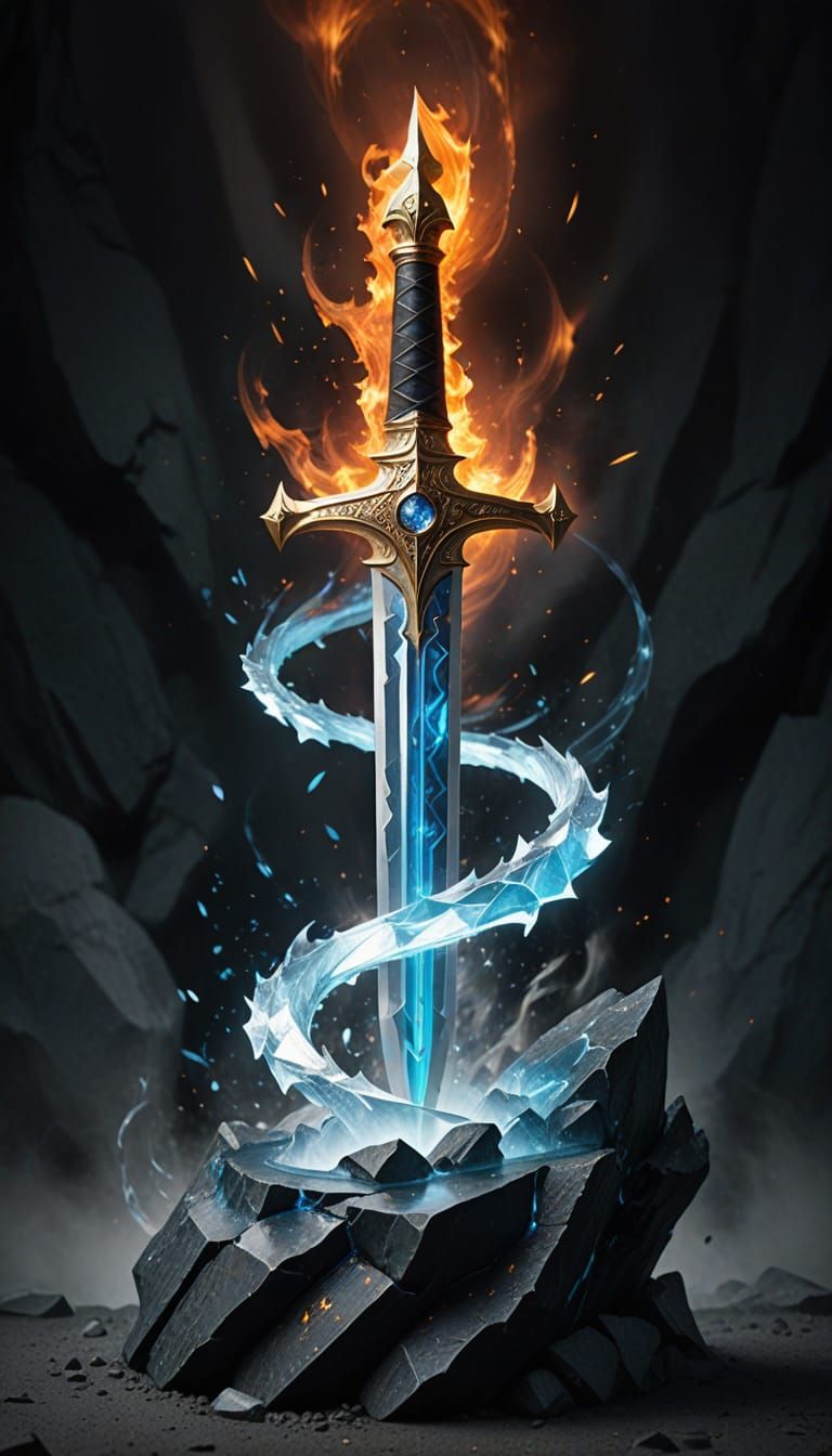 Epic Fantasy Elemental Sword in Flame and Ice
