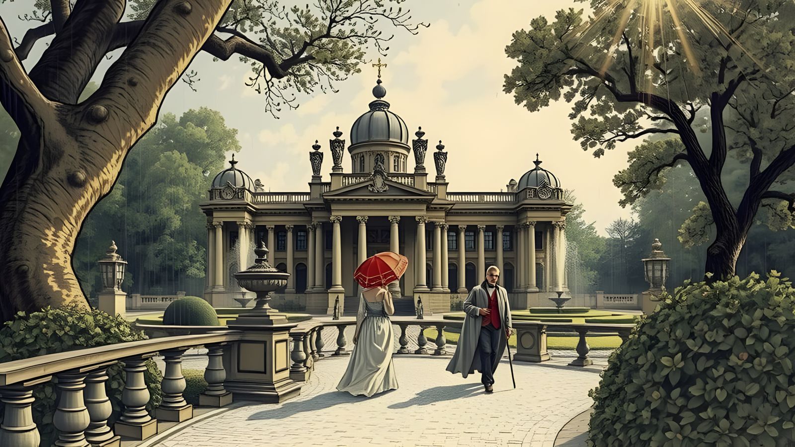 A Surreal Scene of a Rainy Day in Munich's Hofgarten