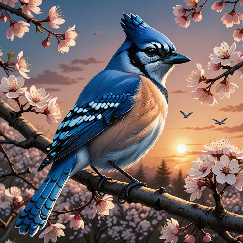 Bluejay in Cherry Blossoms: Hyperrealistic Sunset Illustrati...