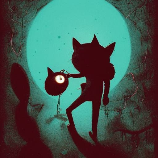 A back cat casting a shadow in the moonlight| textured hyperdetailed mixed-media with rough brush strokes by Jamie Hewl...