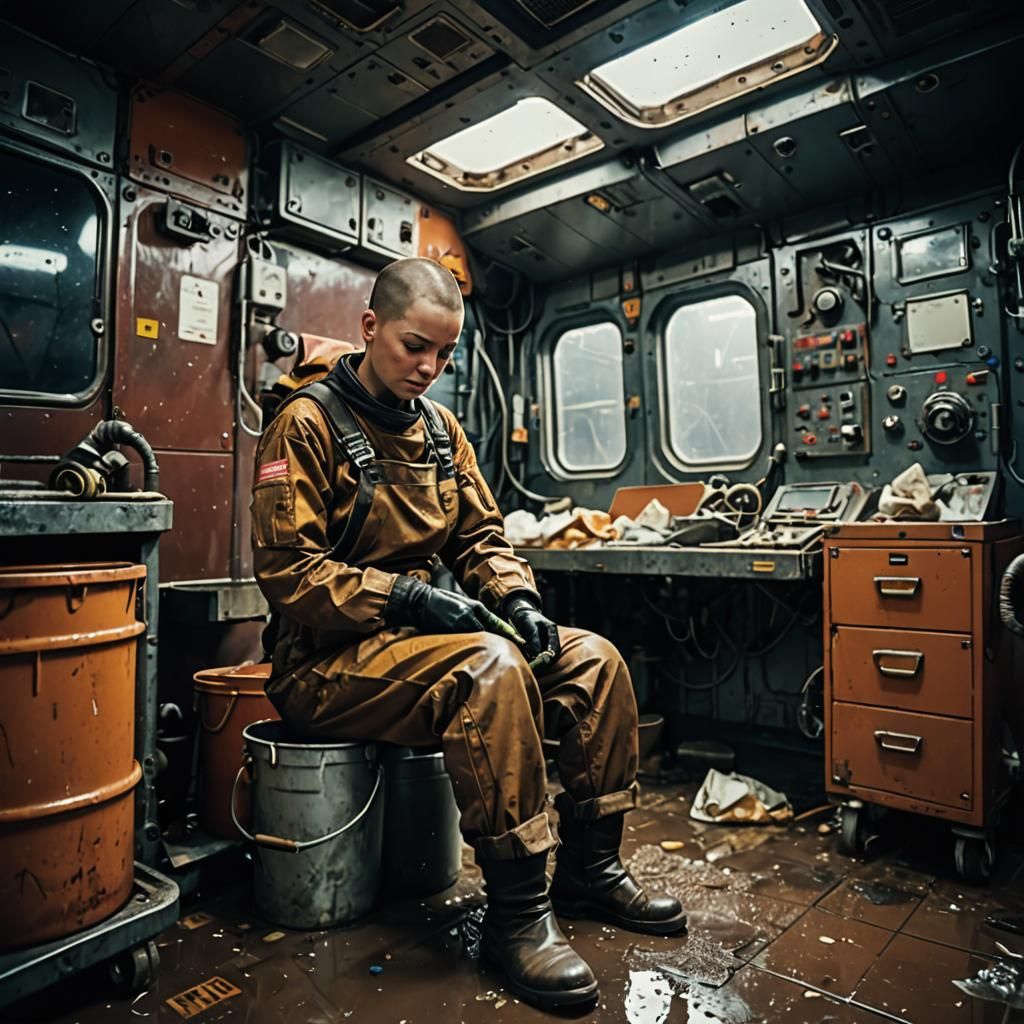 Exhausted Worker Cleans Grimy Spaceship Corridor
