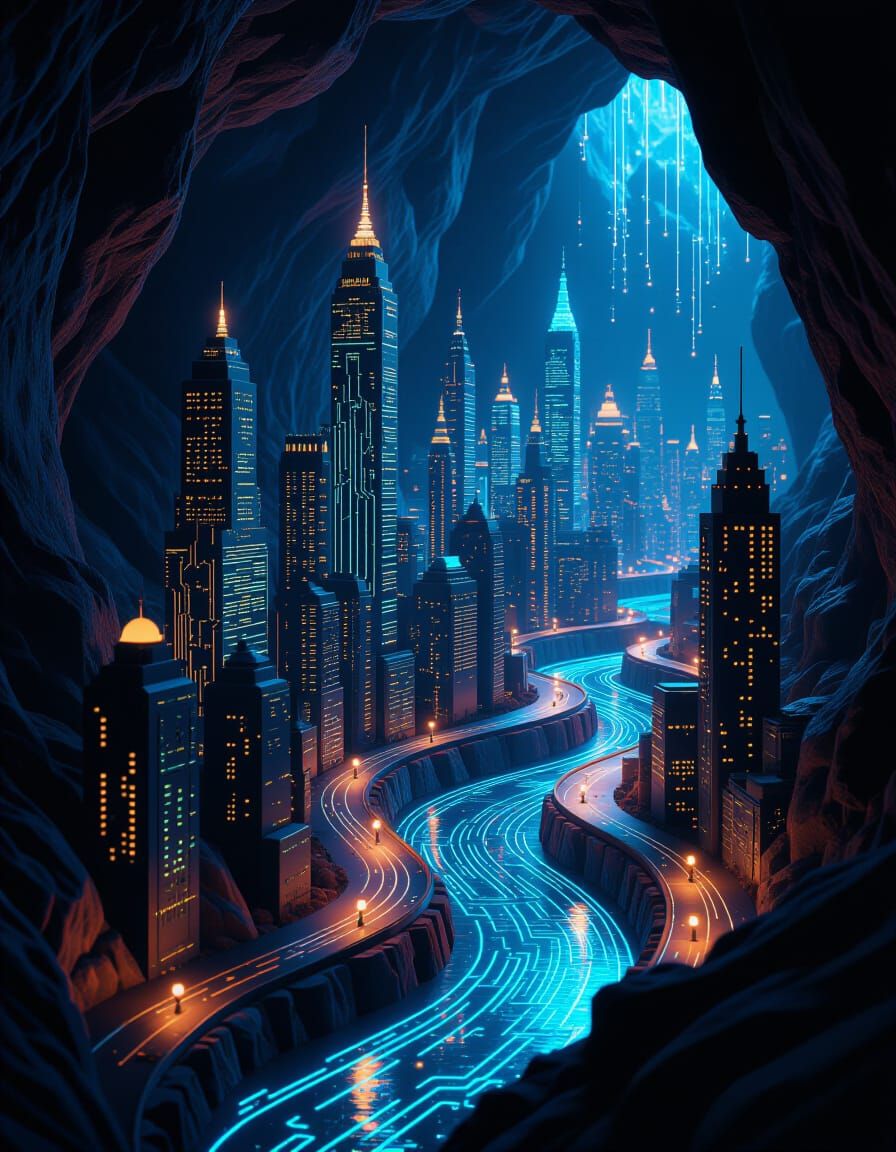 Glowing Circuit Board Miniature City in Dark Cavern