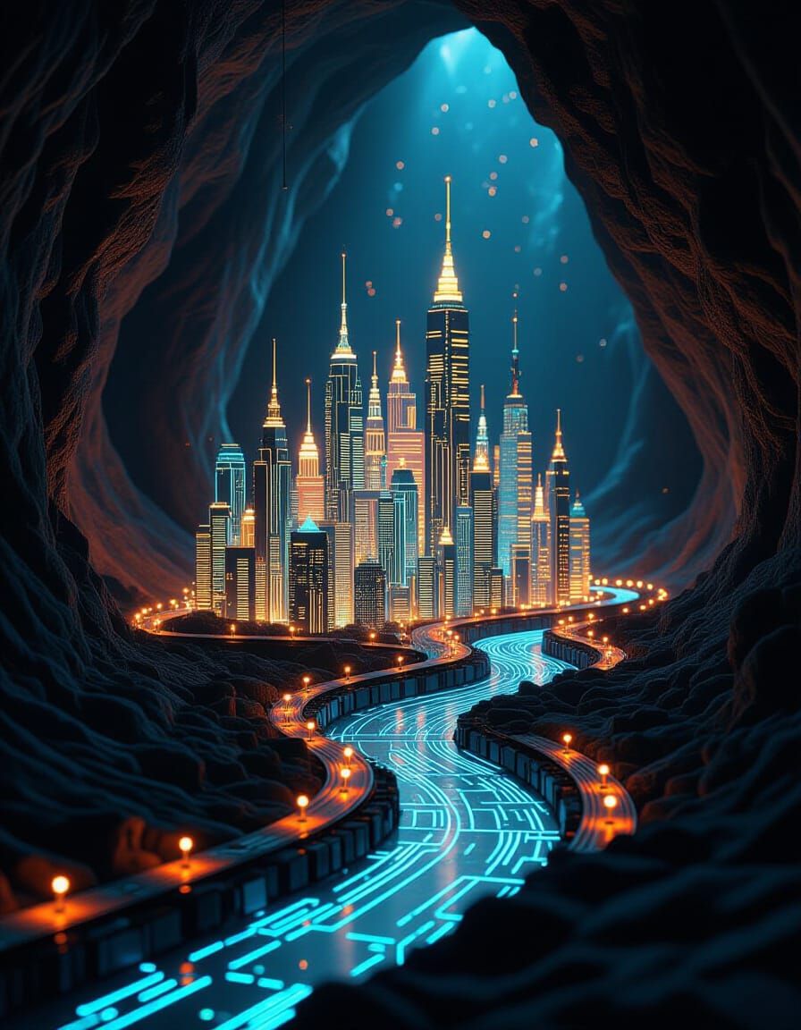 Glowing Miniature Circuit City in Dark Cavern