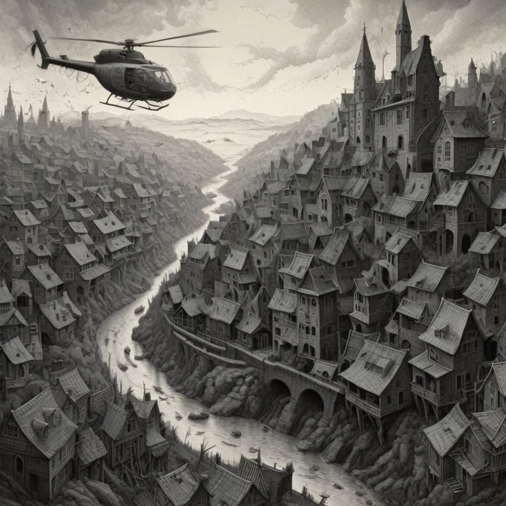 Surreal Village in Hellish Landscape, Inspired by Escher and...
