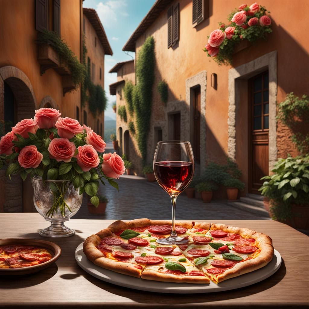 Hyperrealistic Pizza in Italy with Chianti and Roses