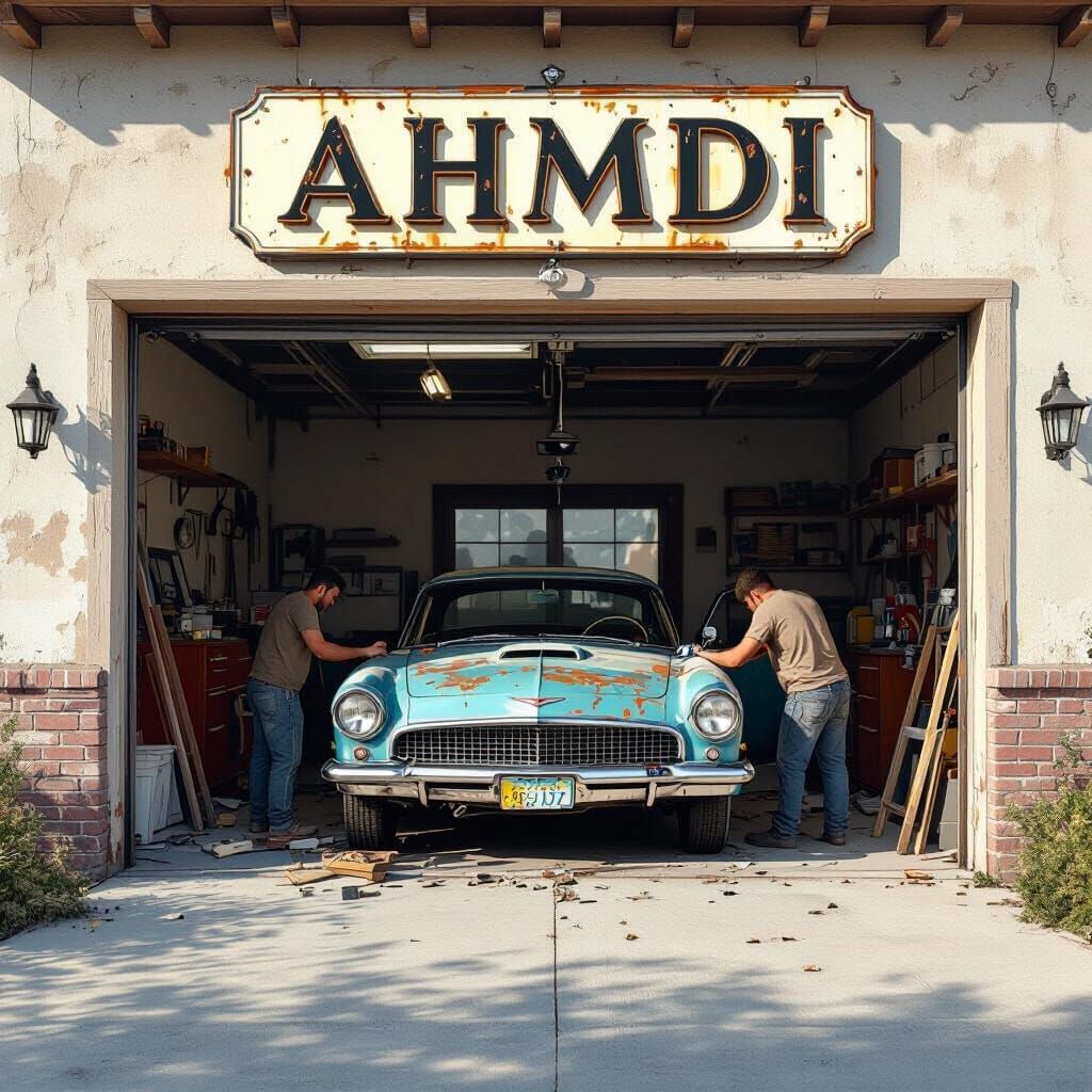 Garage Renovation: "Ahmdi" Sign & Damaged Car