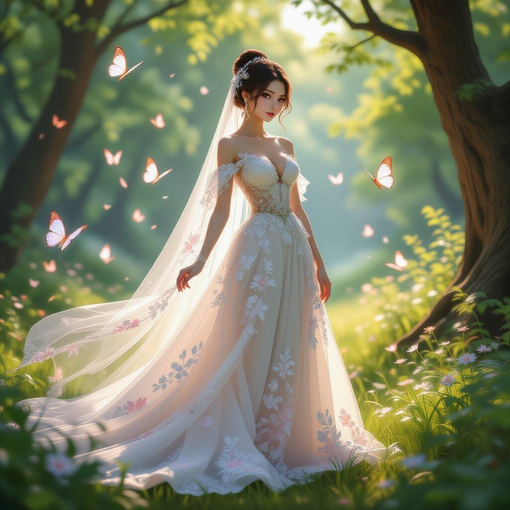 Bride in Floral Gown in Sunlit Glade, Digital Painting