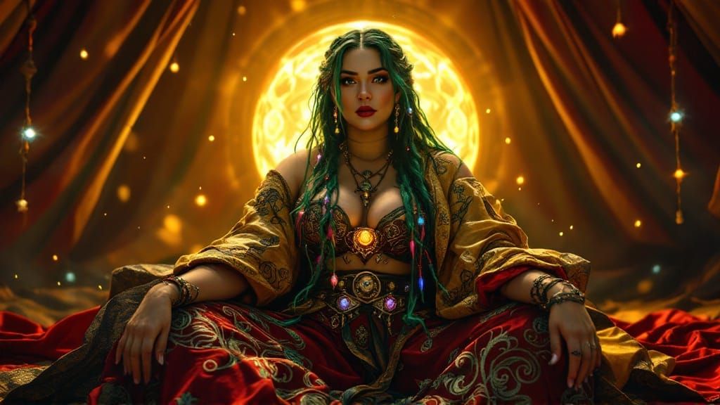 Majestic Fey Sorceress in Mystical Circus Tent