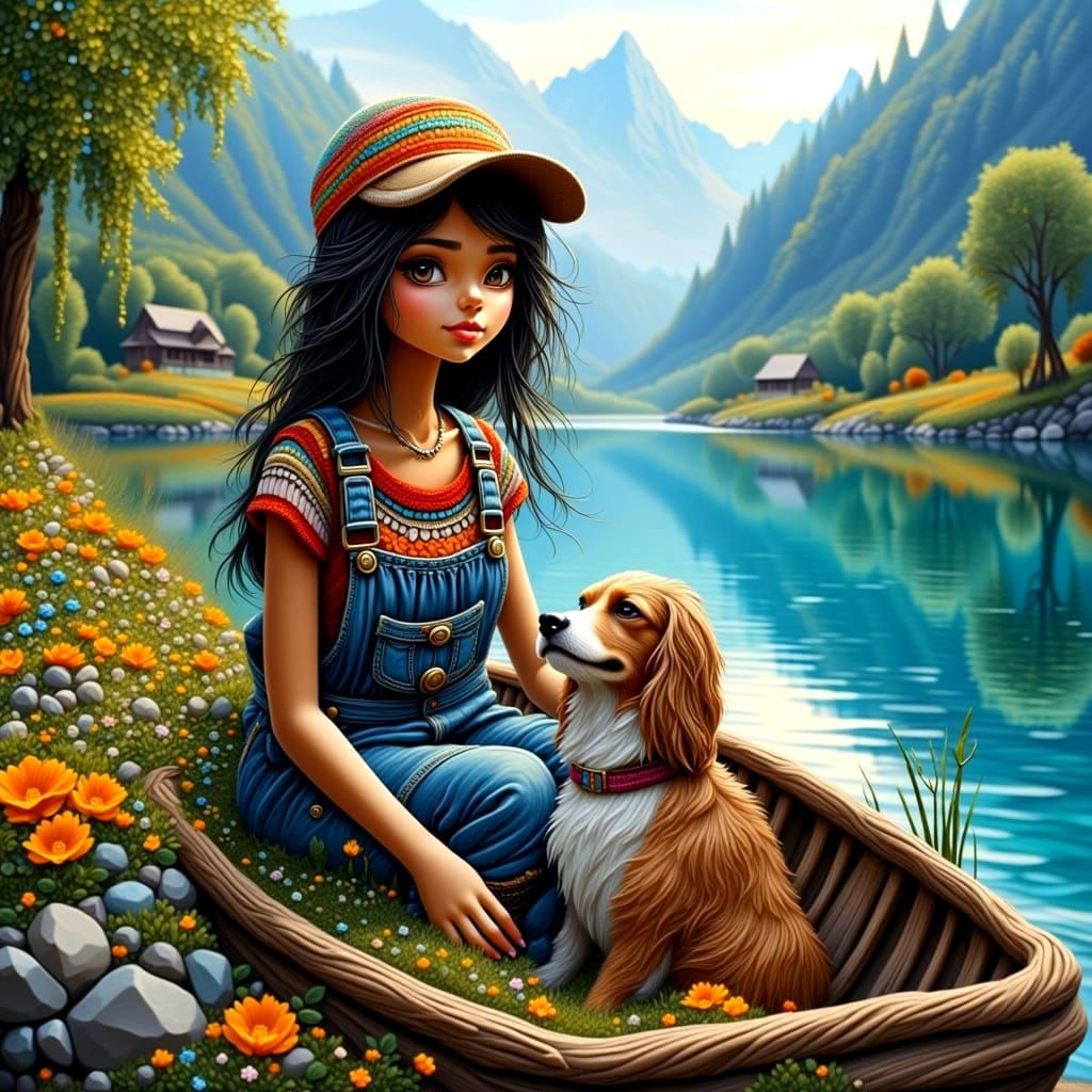 Epic Realistic Portrait of Dark Haired Girl in Wooden Boat