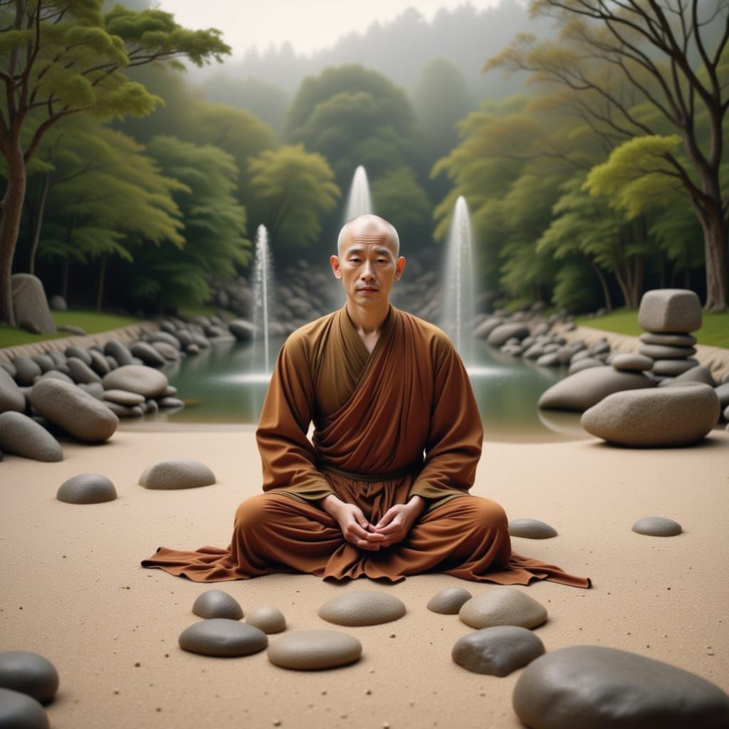Meditating Monk in Zen Sand Garden