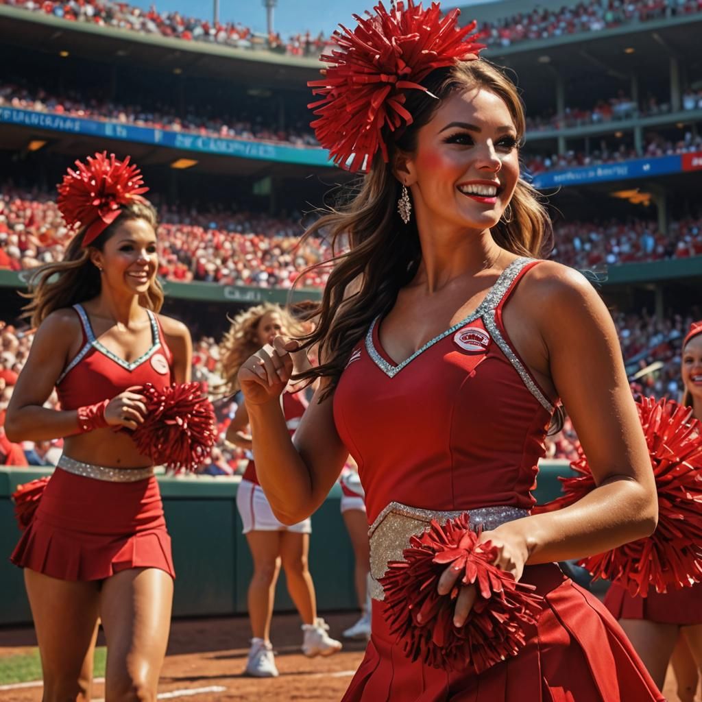 Cincinnati Reds cheerleaders entertaining baseball crowd in Great American Ball Park