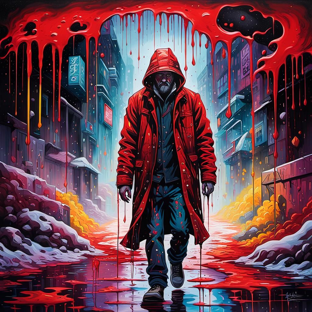 Graffiti Art of Man Walking in Blizzard