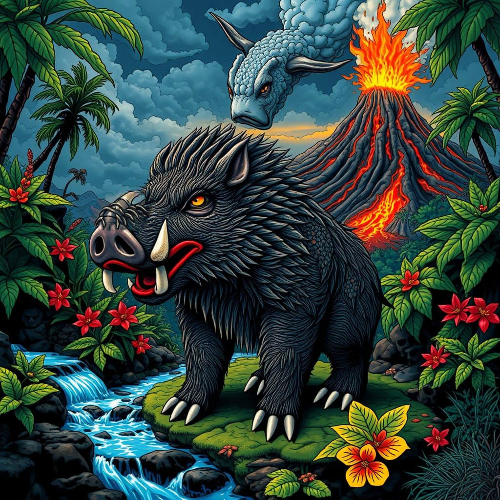 Hawaiian Boar God in Lava Landscape