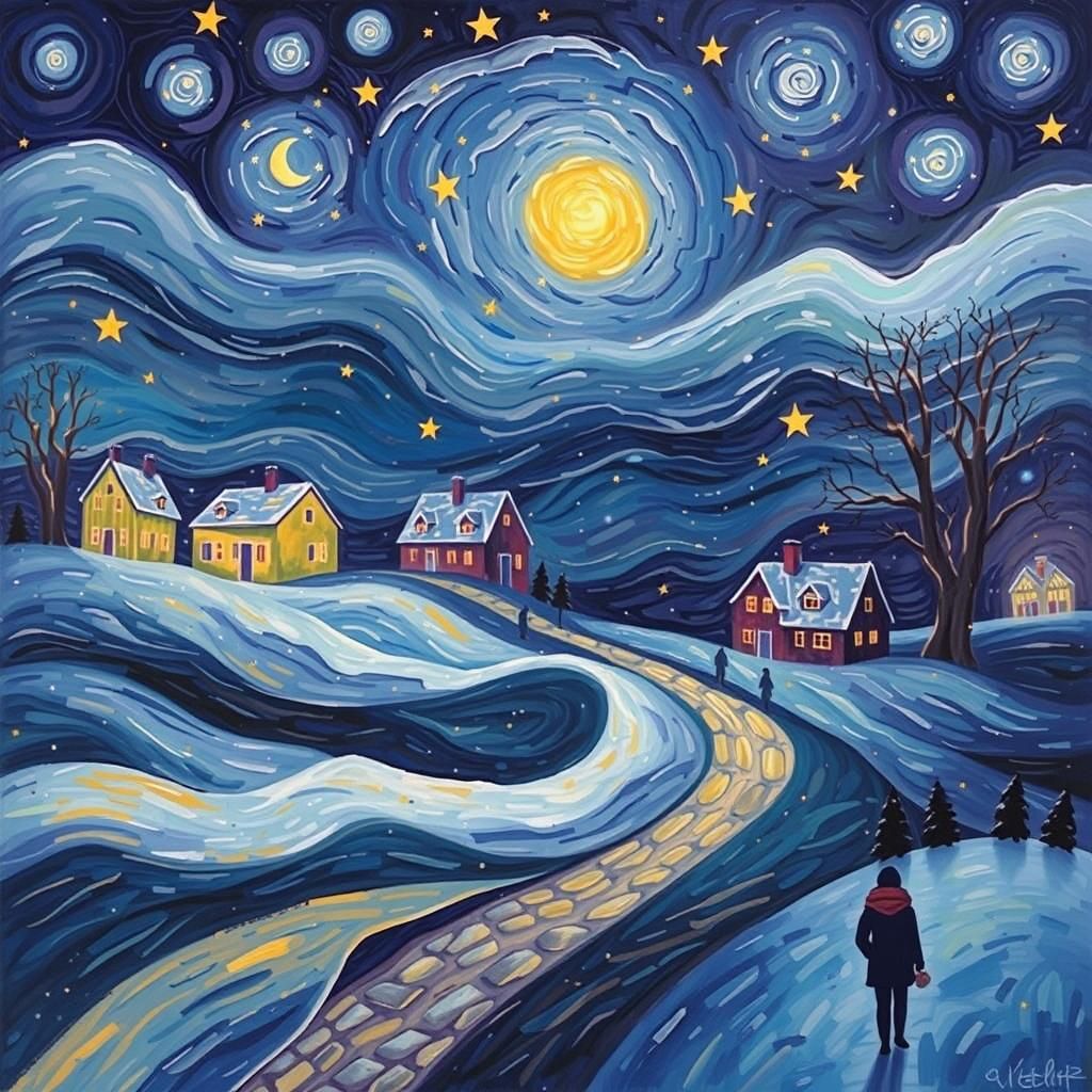 Winter Night Sky in Post-Impressionist Style