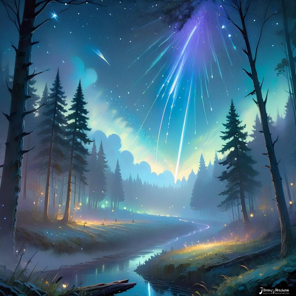 Shooting Star Over Mystical Night Landscape