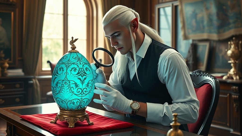 Elven Jeweler Inspects Magical Fabergé Egg
