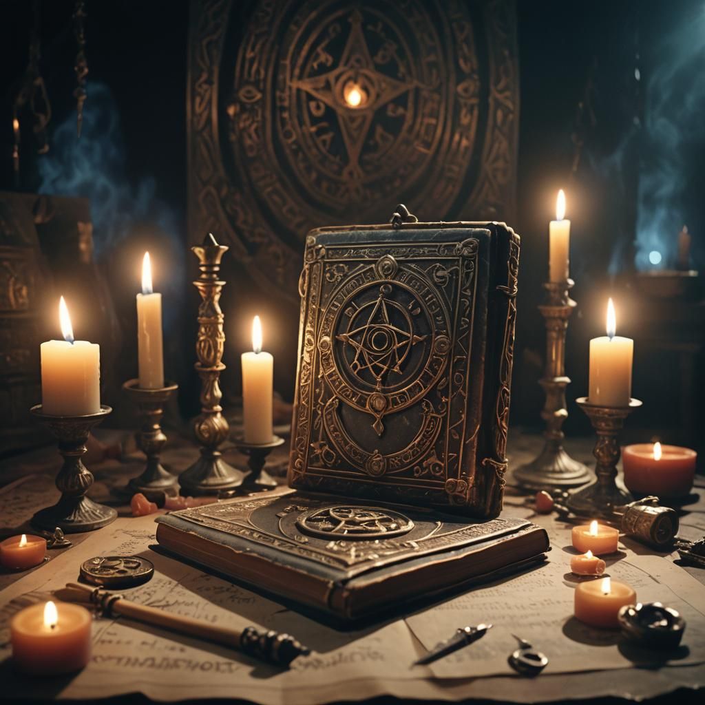 Mystical Amulet on Ancient Tome in Candlelight