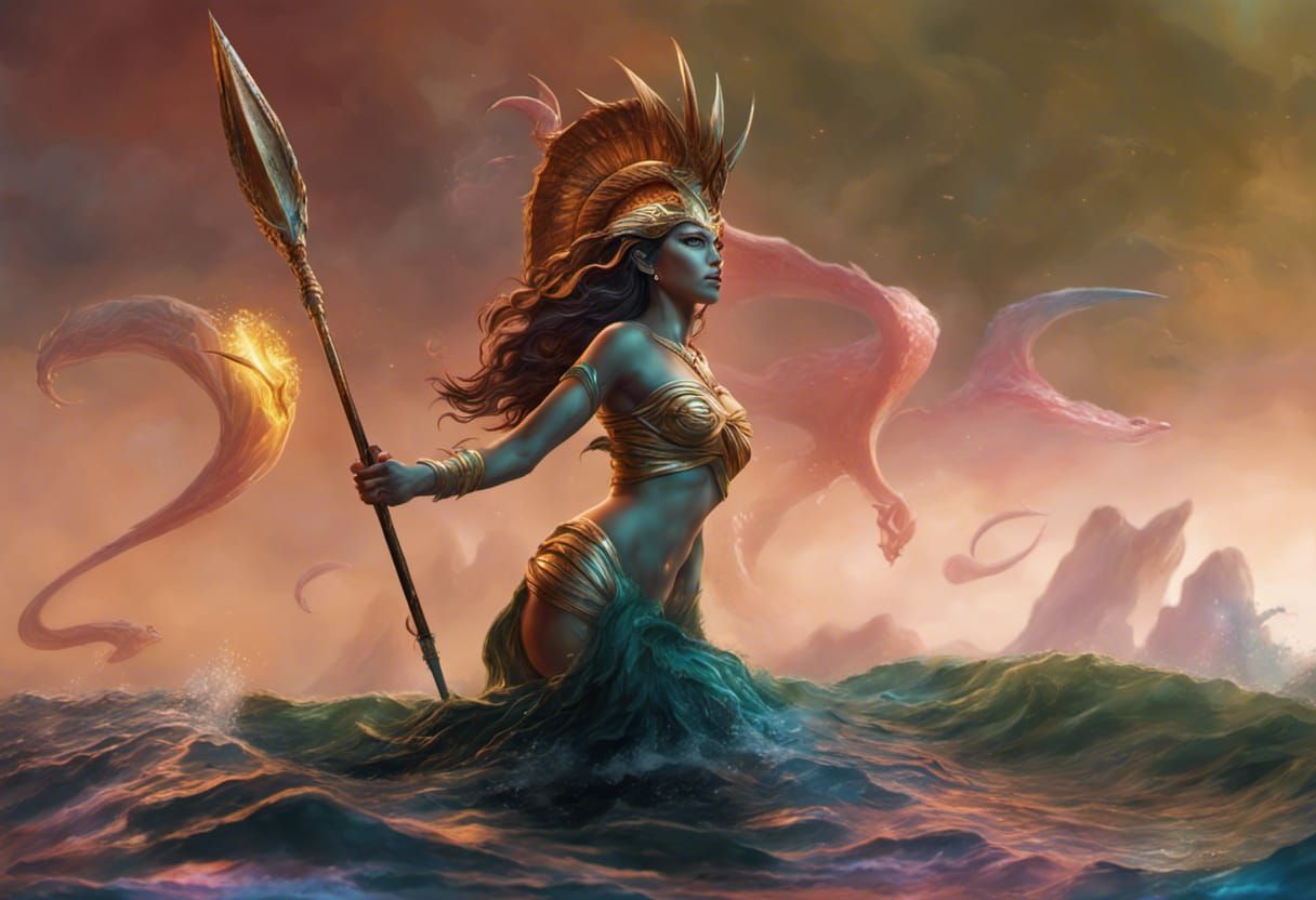 Siren Naga with Spear in Hyperrealistic Splash Art