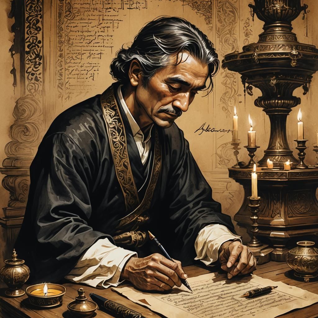 A man write "Caligraphy" in an ancient paper with a black fo...