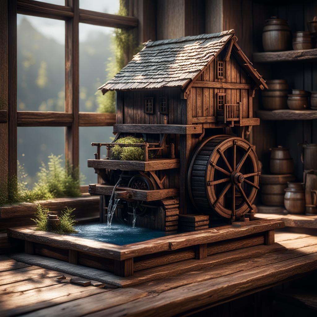 Miniature Wooden Water Mill in 3D Game Style