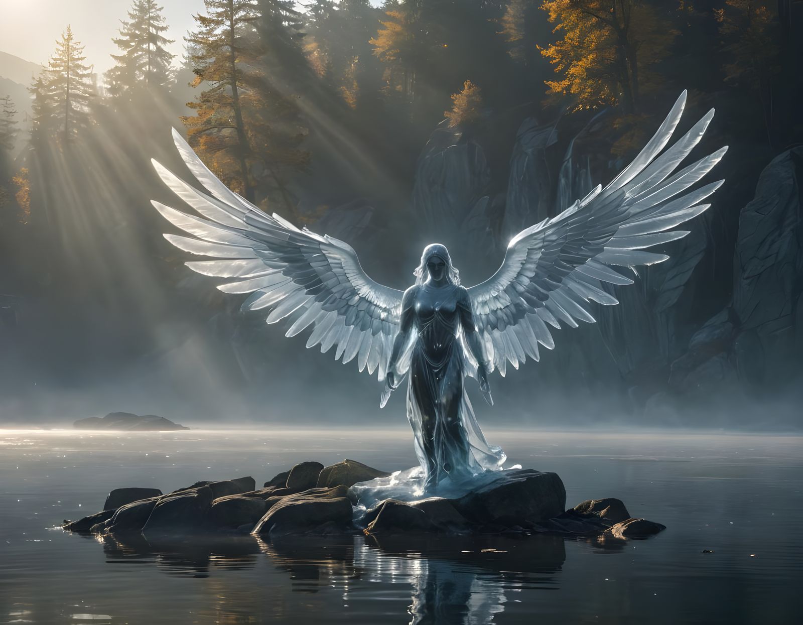 Ethereal Ice Angel Ascends in Foggy Lake